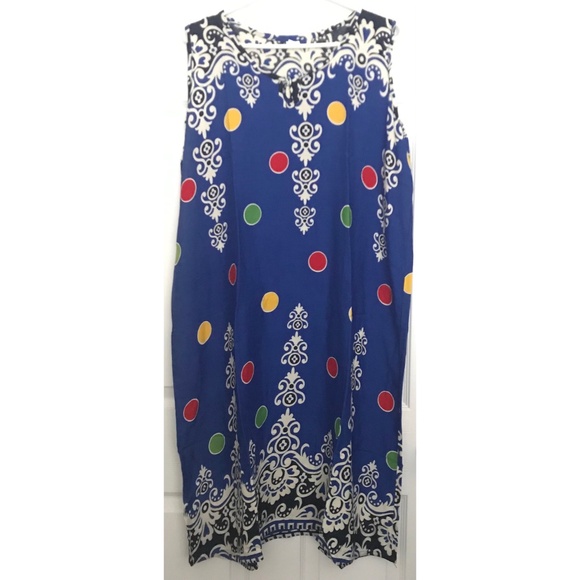 Dresses & Skirts - NWOT Patterned Polka Dot Dress L Sleeveless Pocket Round Collar Front Ribbon
